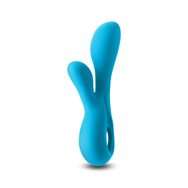 Revel Galaxy vibrator in teal blue silicone with dual-arm rabbit-style design
