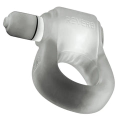 Reverb-embossed Oxballs cock ring side angle showing removable bullet vibrator and ring opening