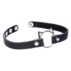 Reverse angle of black slim choker highlighting rivet hardware and silver cat-ear O-ring