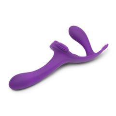 Reverse orientation of purple dual-ended dildo showing internal wearable end with anchor base detail