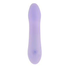 Reverse side of Playboy Euphoria vibrator displaying compliance markings on lavender silicone