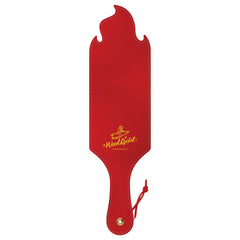 Reverse side of the red flame-shaped spanking paddle showing Wood Rocket logo in gold on smooth faux leather