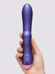 Reverse side of ROMP Pulse rabbit vibe showing two control buttons and ROMP logo near pink base