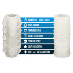 Reversible Orb shown both sides: ribbed canal end and textured bubble canal end with feature list