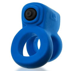 Close-up of REVHAMMER blue silicone double ring with bullet motor port visible