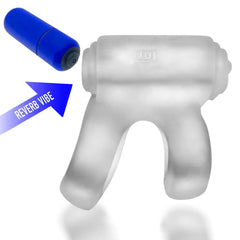 REVHAMMER clear cock ring with blue Reverb Vibe bullet partially inserted into top housing