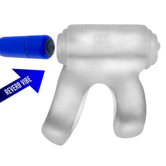 REVHAMMER clear shaft ring with blue bullet vibe shown inserting from the side