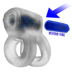 REVHAMMER clear silicone dual cock ring with blue Reverb Vibe bullet shown separately