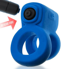 REVHAMMER dual-ring blue silicone cock ring with removable reverb bullet vibe shown