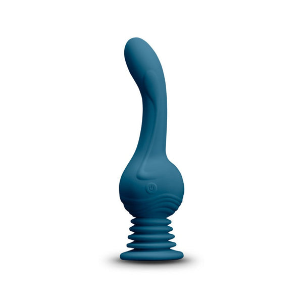 Revolution Earthquake teal silicone vibrator with curved tip and ridged suction base, front view