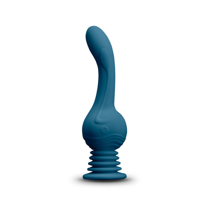 Revolution Earthquake teal silicone vibrator with curved tip and ridged suction base, front view