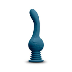 Revolution Earthquake teal silicone vibrator with curved tip and ridged suction base, front view