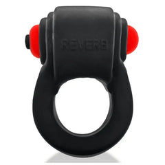 REVRING black silicone cock ring front view showing red vibe bullet and control button
