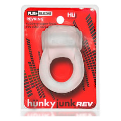 REVRING packaging showing clear ice plus-silicone vibrating cock ring on red branded card