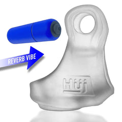 REVSLING sling shown beside included blue Reverb Vibe bullet, clear ice color, front view