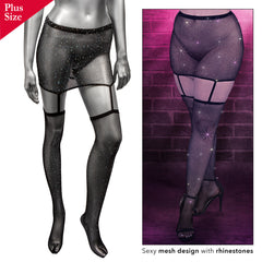 Close-up of rhinestone mesh garter skirt on mannequin alongside lifestyle detail shot on model