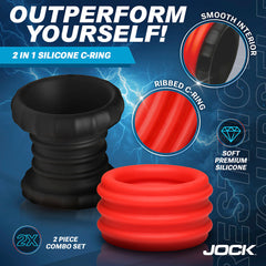 Close-up of ribbed red c-ring and smooth-interior black ball ring from Jock 2-in-1 set