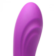 Close-up of ribbed tip detail on purple silicone 12X Lux Rocker shaft showing smooth texture and contoured ridges