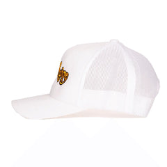 Right side angle of white trucker hat displaying mesh ventilation panel and solid front