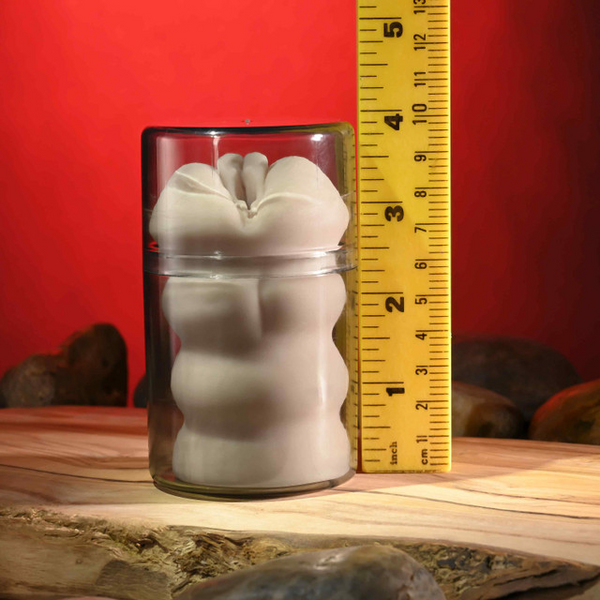 Riley Reid Mini Stroker inside clear canister next to ruler indicating roughly 4.5-inch total height