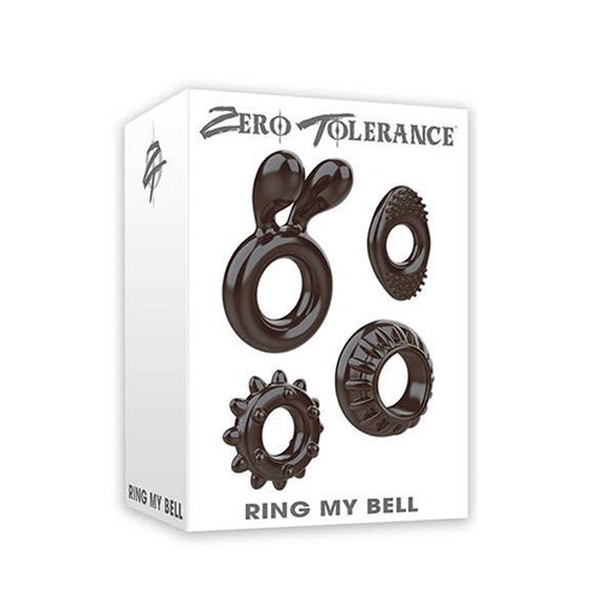 Ring My Bell by Zero Tolerance in retail box showing four stretchy black cock rings