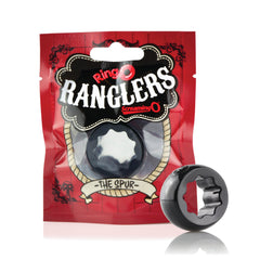 Ring O Ranglers The Spur in red retail bag beside the black stretchy silicone ring