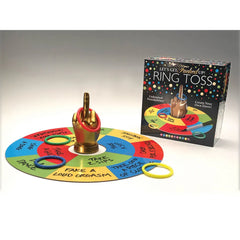 Ring Toss full game set displayed beside box showing board, gold figure, rings, and packaging