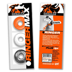 Ringer Max 3-pack packaging front and back showing orange, clear, and black super-stretch cock rings