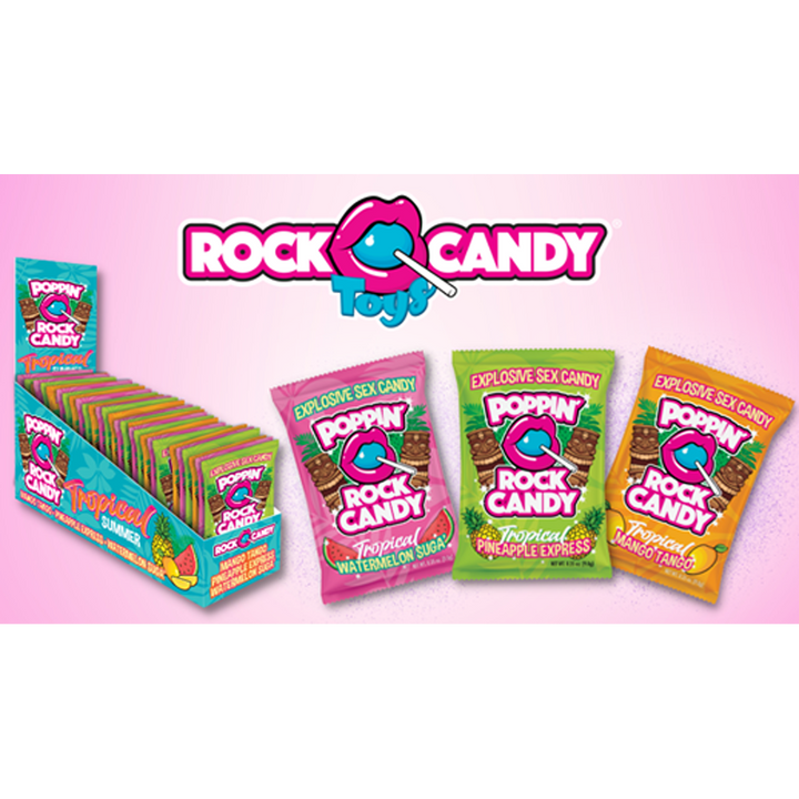 Rock Candy Toys Poppin' Rock Candy Tropical display box with three flavour pouches shown