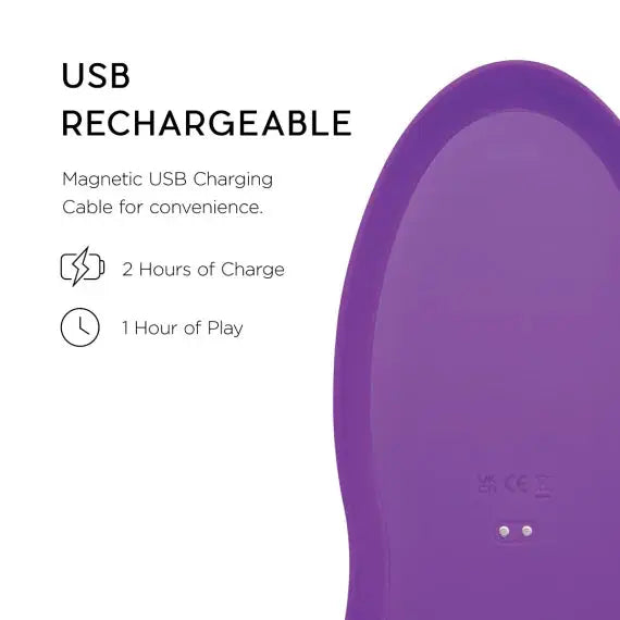 Close-up of Rodeo Rider magnetic USB charging port showing two charge contacts on purple base