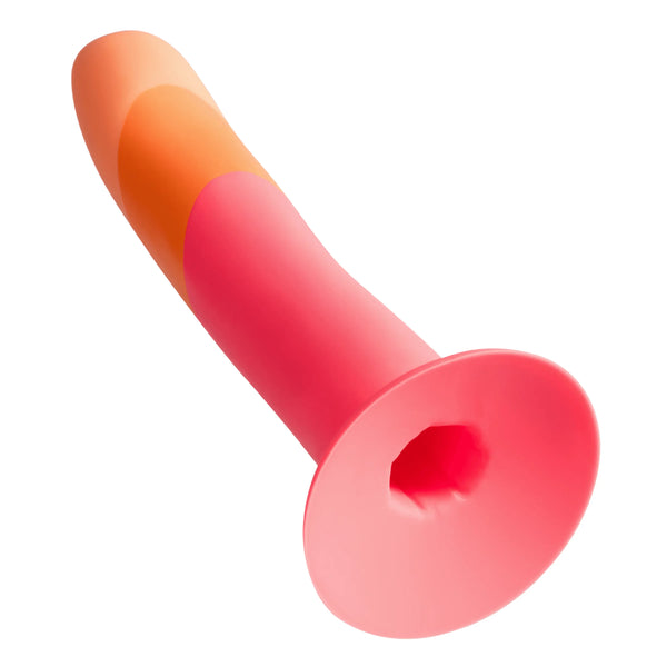 ROMP Dizi dildo angled view highlighting wide suction cup base with mounting hole