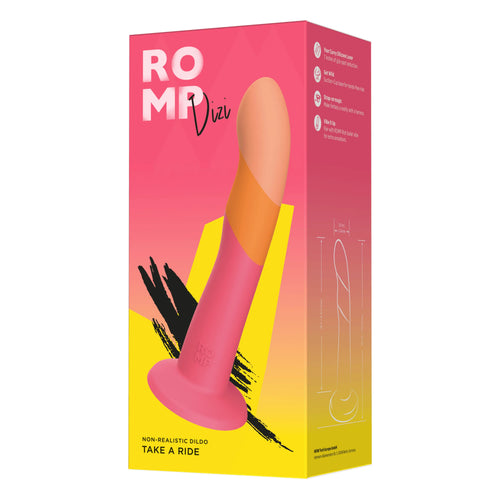 ROMP Dizi non-realistic dildo in pink and orange gradient shown in retail packaging box