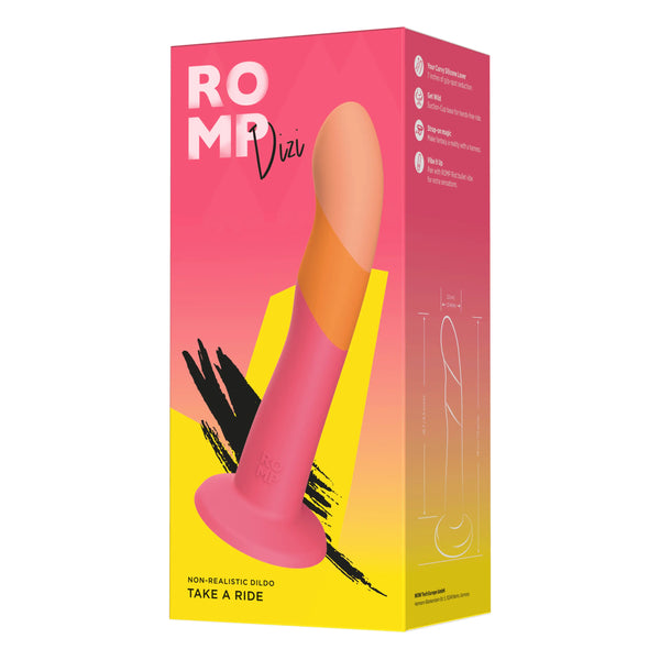 ROMP Dizi non-realistic dildo in pink and orange gradient shown in retail packaging box