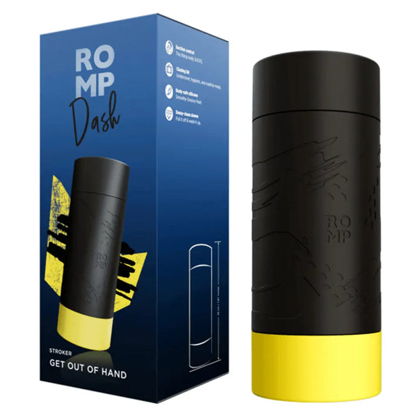 Romp Dash Stroker in black silicone with yellow base, shown beside its blue branded box