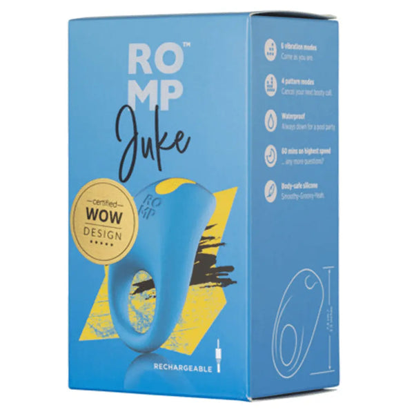 ROMP Juke vibrating cock ring box, blue packaging with WOW Design seal, rechargeable