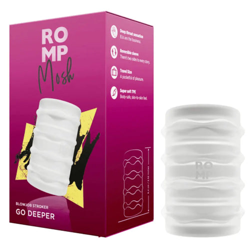 ROMP Mosh blowjob stroker beside its pink branded box, white TPE sleeve