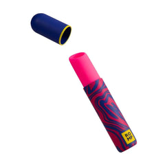 Romp Lipstick vibrator open with navy blue cap removed showing pink silicone tip