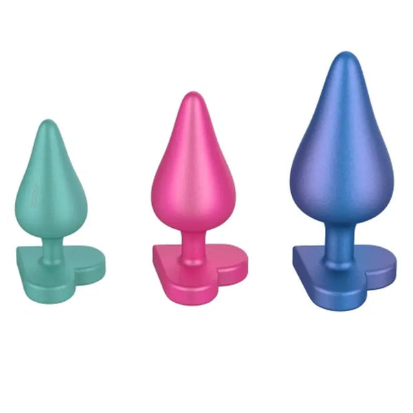 ROMP Luster anal plug set in teal, pink, and blue metallic silicone, three sizes shown