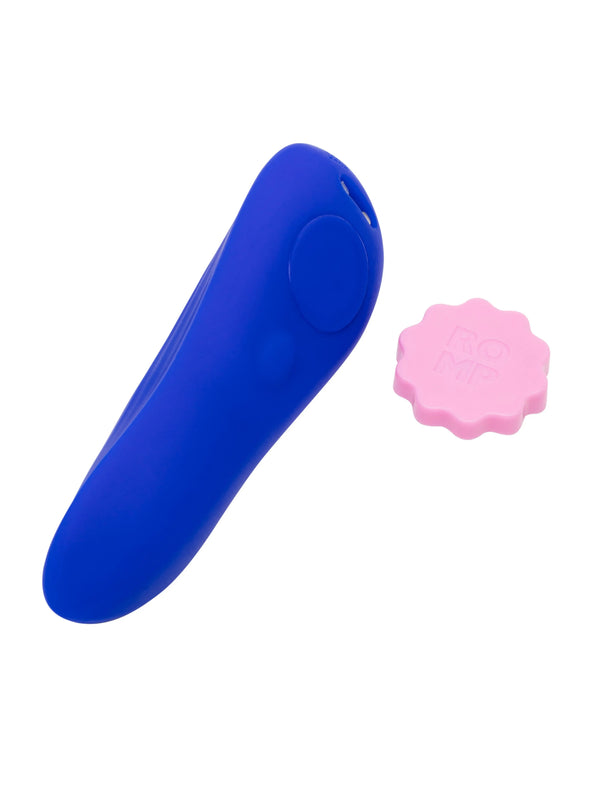 ROMP Party blue silicone vibrator laid flat with detached pink scalloped cap beside it