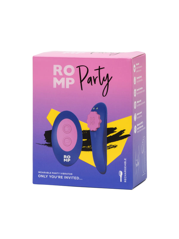 ROMP Party wearable panty vibrator packaging in pink-to-purple gradient with remote