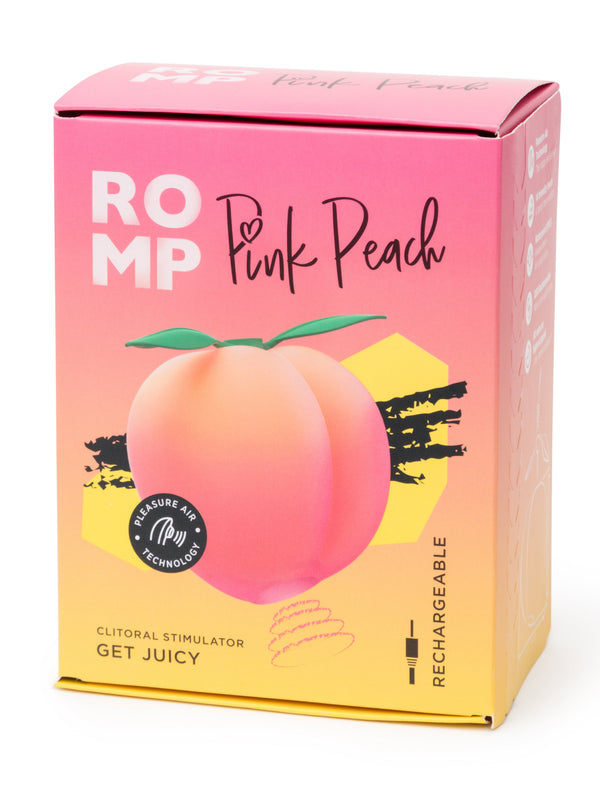 ROMP Pink Peach clitoral stimulator box with peach graphic and Pleasure Air Technology badge
