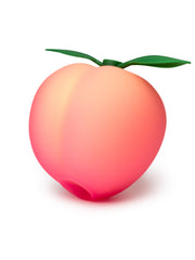 ROMP Pink Peach silicone stimulator shaped like a peach with green leaf stem detail