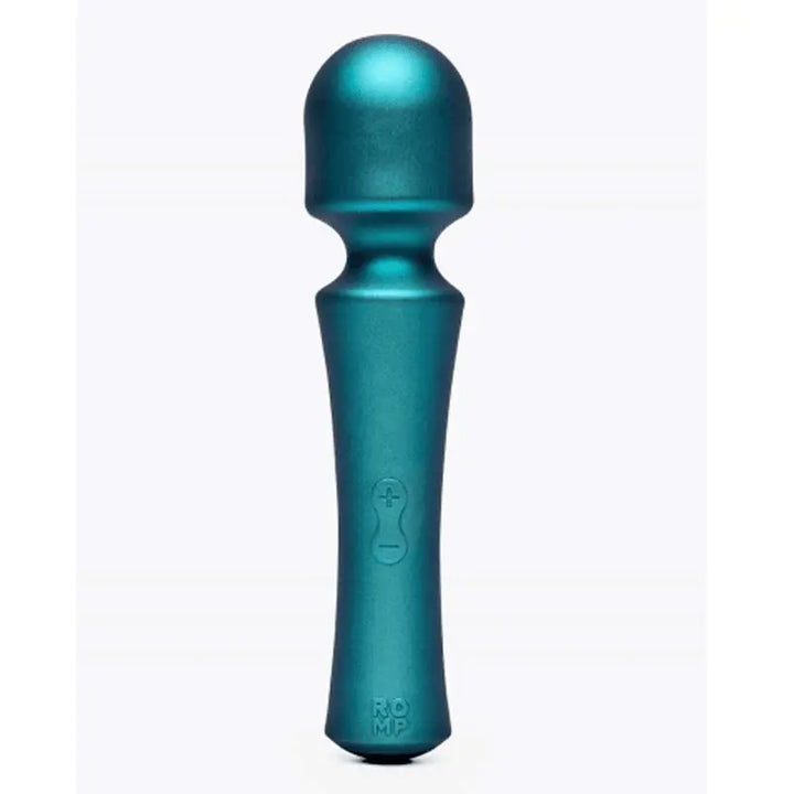 ROMP Presto Wand vibrator in teal metallic silicone, front-facing hero view