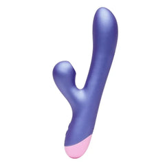ROMP Pulse rabbit vibrator in matte blue-purple with pink base, dual-arm silicone design