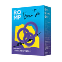 ROMP Remix Trio cock ring set packaging in blue and yellow with purple silicone rings