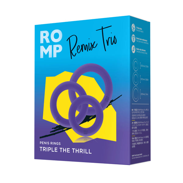 ROMP Remix Trio cock ring set packaging in blue and yellow with purple silicone rings
