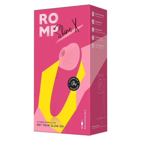 ROMP Shine X clitoral stimulator pink box with Pleasure Air Technology callouts
