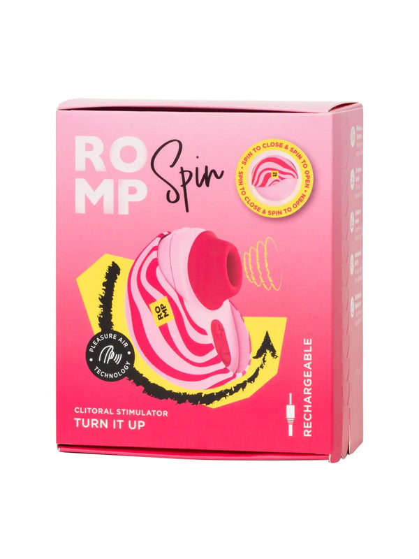 ROMP Spin clitoral stimulator in pink packaging with Pleasure Air Technology label