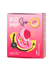 ROMP Spin clitoral stimulator in pink packaging with Pleasure Air Technology label