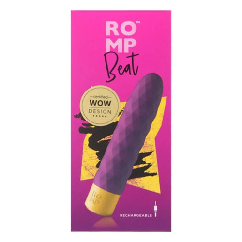 ROMP Beat bullet vibrator in purple shown in pink retail box with Certified Wow Design badge